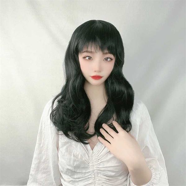 Hair Lace Wigs Feminino Oblíquo Bangs Médio Longo ombro Curly GTH Enviar para M Mulheres de meia-idade e idosos