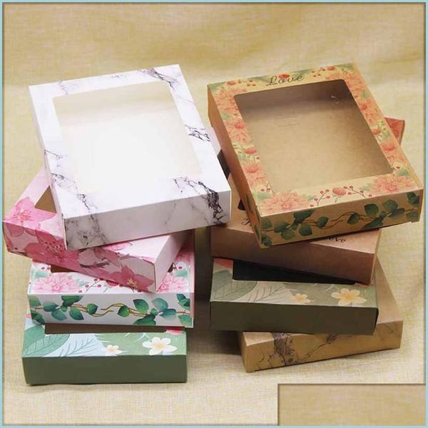 Caixas de embalagem Caixa de embalagem com janela DIY Presentes artesanais Padrão de flor de marmorete Kraft Candy Boxes Drop Delivery Office School Busin DHEG0