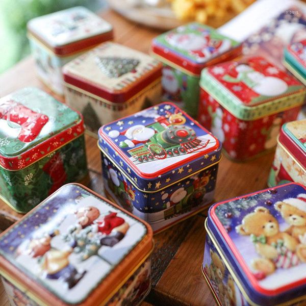 Noel dekorasyonları küçük kare kapaklı kalay kutusu şeker ambalaj bisküvi kulaklıklar depolama partisi hediyesi