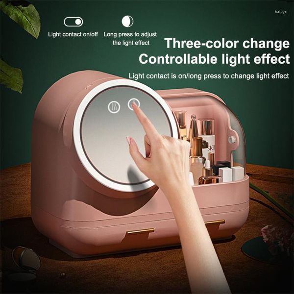 Scatole portaoggetti Scatola per specchi compatti Luce a LED Ventilatore interno Cassetto per desktop Prodotto cosmetico di bellezza Organizer per trucchi in plastica