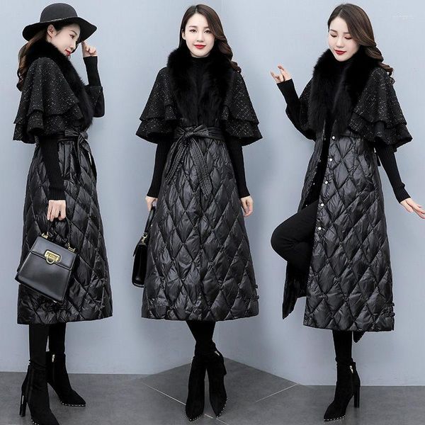 Frauen Trenchcoats Mode Lange Baumwolle Mantel Argyle Frau Jacke 2022 Winter Temperament Damen Quilt Parka Mit Pelz Mantel Cape mantel