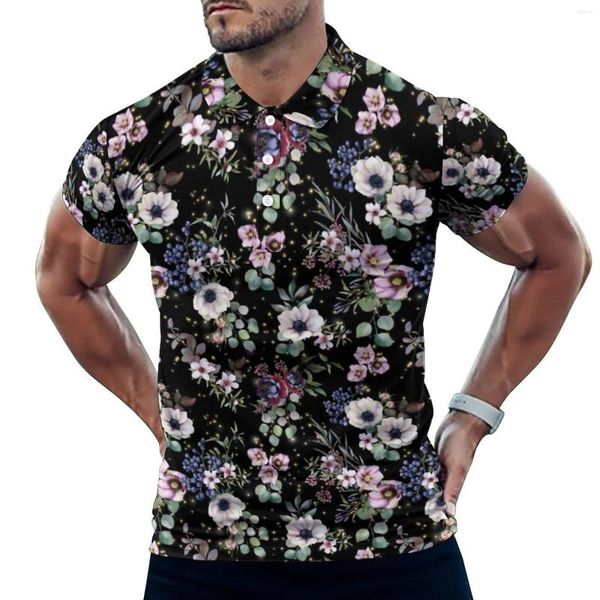 Polo da uomo T-shirt casual floreali bianche e rosa Polo con fiori ad acquerello Polo da uomo alla moda estiva a maniche corte con stampa di grandi dimensioni