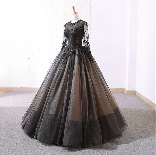 Schwarze Ballkleid-Gothic-Brautkleider 2023 mit langen Ärmeln, Spitzenapplikationen, Tüll, bodenlang, bauschige Vintage-Brautkleider