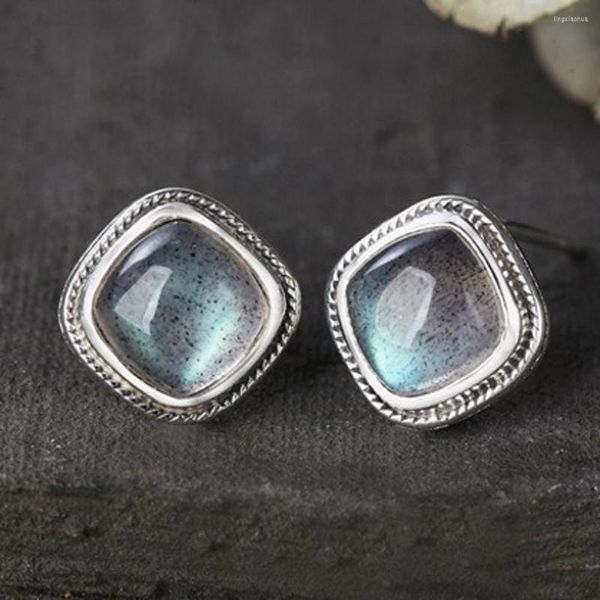 Orecchini a bottone 2022 vera labradorite in argento puro S925 per donna quadrata semplice temperamento tailandese retrò