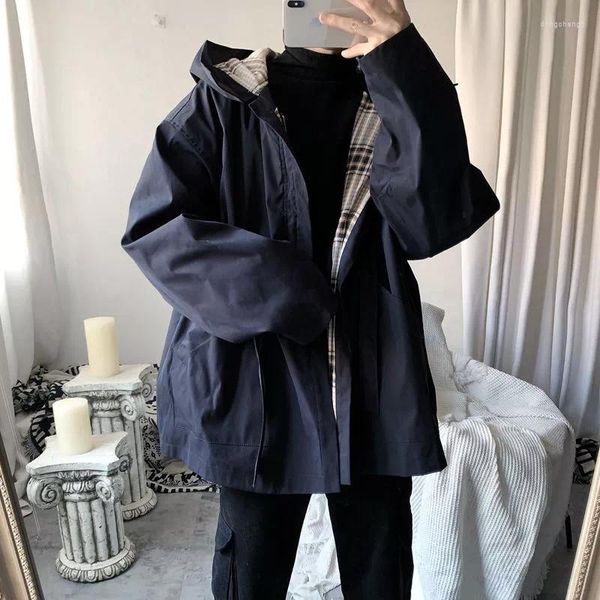 Männer Jacken 2022 Frühling Herbst Mit Kapuze Jacke Koreanische Lose Trend Vintage Hong Kong Stil Plaid Hübsche Windjacke Preppy Hip Hop JAC