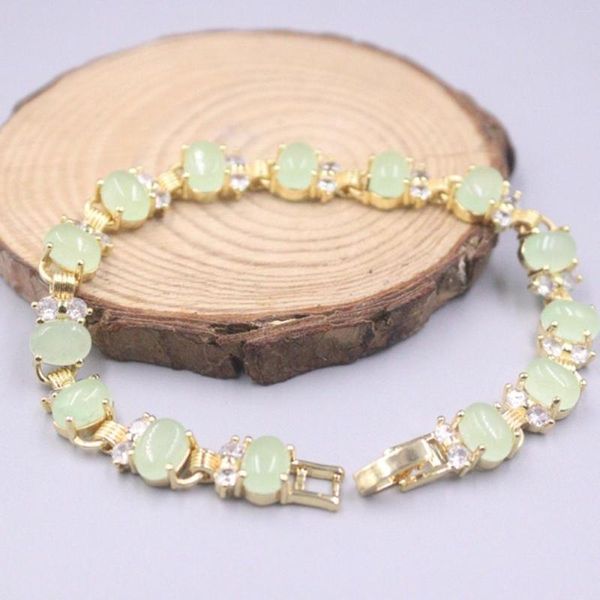 Braccialetti di collegamento Bracciale in vera giada Gp placcato in oro 18 carati per le donne Zircone brillante lega di gioielli riscaldanti Giallo verde giadeite 18,5 cm L