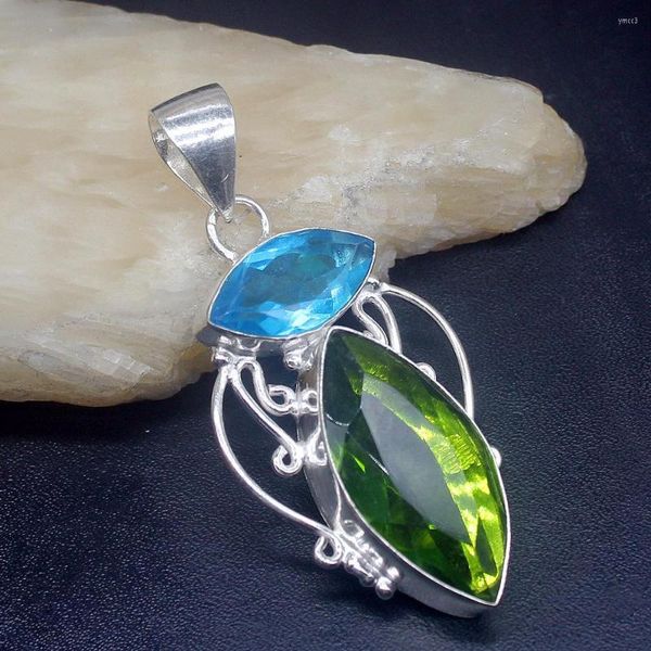 Подвесные ожерелья GemstoneFactory Jewelry Big Promotion 925 Silver Green Peridot Ocean Blue Topaz Женские женские подарки колье 0852