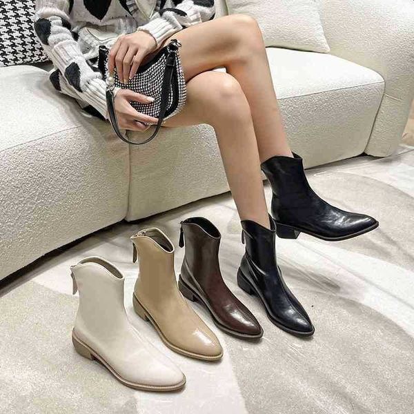 Botas vestido sapatos femininos de couro curto quadrado coxa salto alto inverno moda tornozelo senhoras calçados apontou toe botines mulheres botas