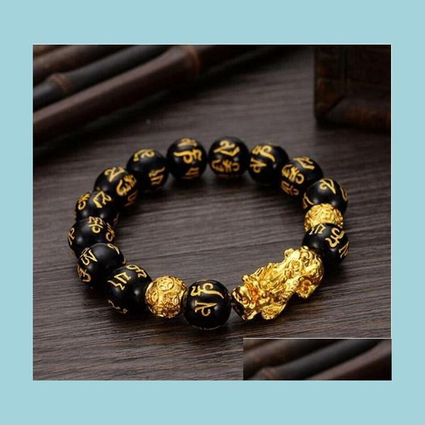 Perline Feng Shui Ossidiana Pietra 12Mm Perline Fili Bracciale Uomo Donna Unisex Polsino Oro Nero Pixiu Ricchezza E Buona Fortuna Bracele Dhouz