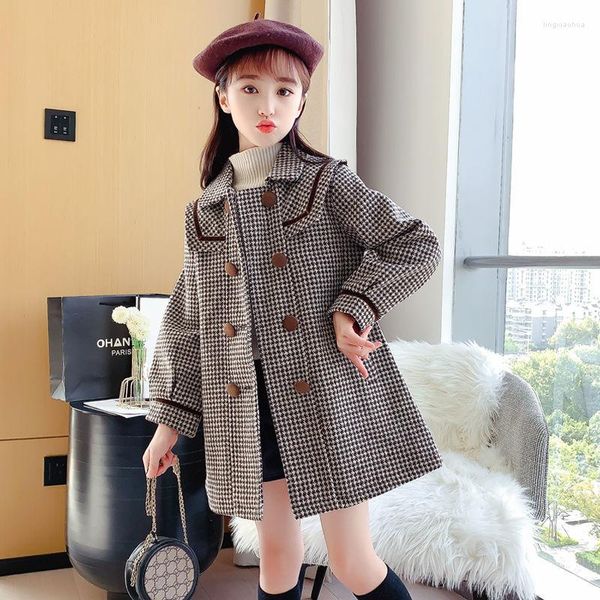 Jaquetas Teen Girls Longo Xadrez 3-14 Anos Crianças Inverno Quente Misturas de Lã Trench Coats Moda Casacos Peitorados Crianças Sobretudo