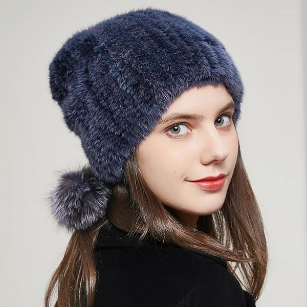 Boinas de chapéu de visita de pêlo de malha naturais femininas com bonés de pom para manter o luxo quente e a Rússia elástica