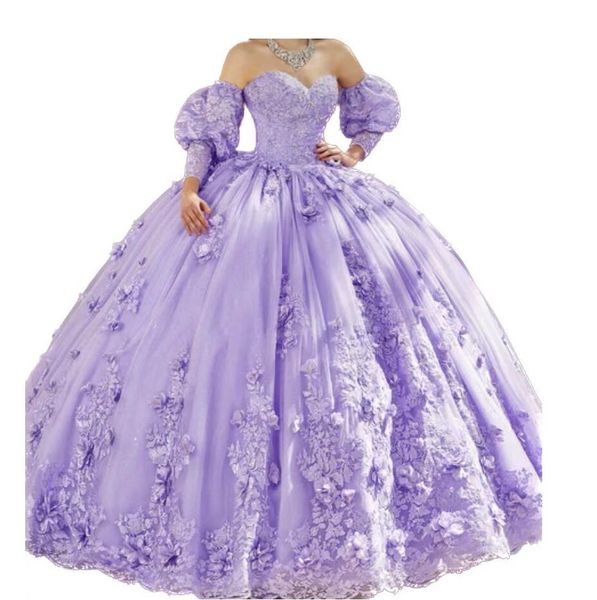 2023 Lavendel Ballkleid Quinceanera Kleider Spitze Applikationen Perlen Handgemacht 3D Blumen Schatz 16 Kleid für 15 Jahre Abschlussball Party Festzug Kleider B1109