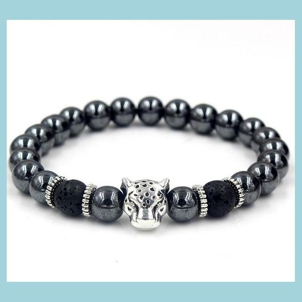 Perline nere ematite fili di perline pietra lava rock bracciali lega placcata oro sier skl leone gufo per donna uomo bracciale goccia deliv dhrmz