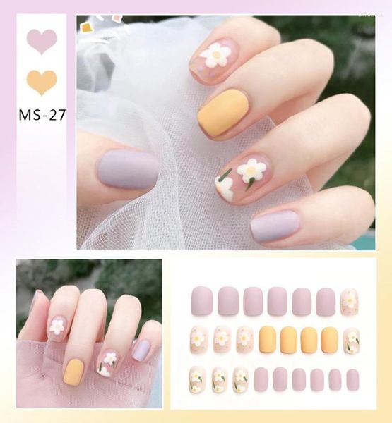 Faux ongles 24 pièces/boîte faux presse sur court réutilisable avec ensemble de motifs français artificiel rose Kawaii embouts adhésifs Art