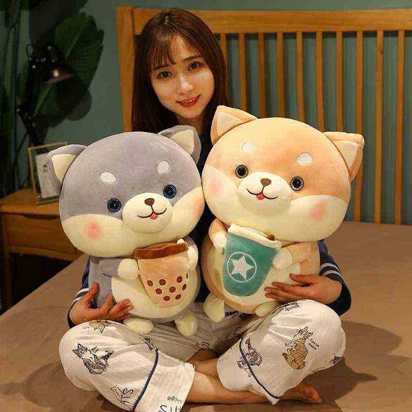 1Pc 203545Cm Kawaii Shiba Inu Dog Holding Bubble Tea Cup Peluche Peluche Ripiene Animali Cuscino Bambole Bambini Natale Regali di compleanno J220729