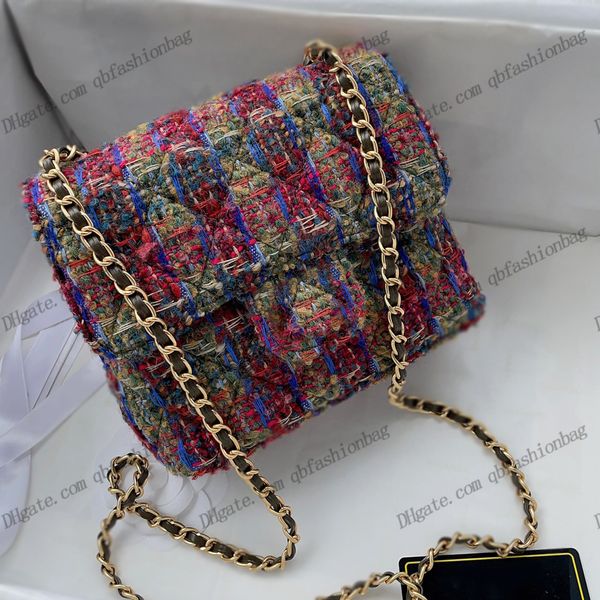 22k kadın tüvit renkli kumaş ekose kapitone çantalar mini yün crossbody vintage altın donanım, deri zincir çantası ile çok cep tasarımcısı el çantaları 18c