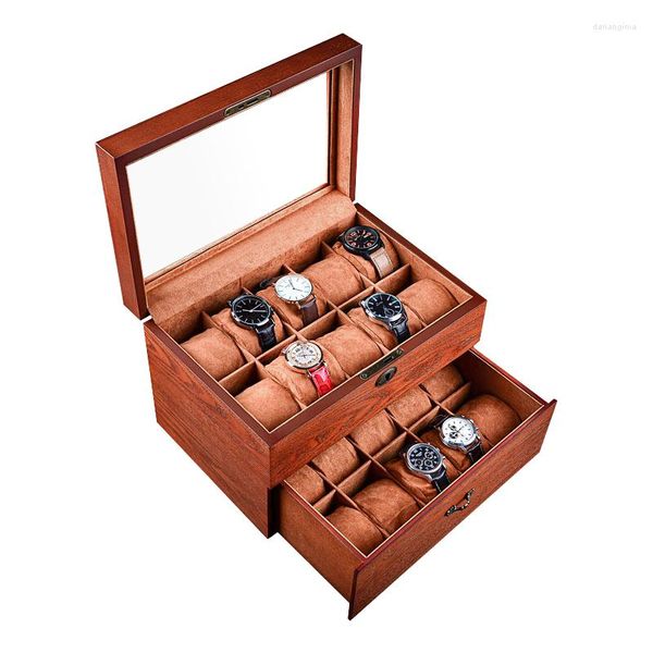 Scatole per orologi Scatola di lusso a doppio strato Organizer Cassetto 20 slot Orologi di stoccaggio in legno Display Custodia da uomo