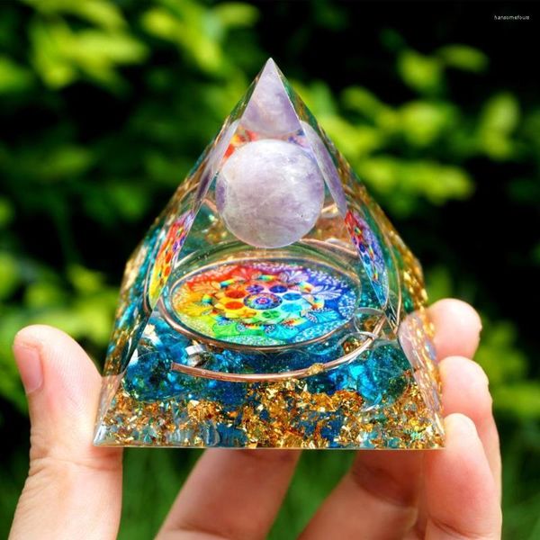 Statuette decorative Piramide di orgonite fatta a mano 60mm Cristallo di ametista Rame Quarzo blu Pietra di cristallo naturale Orgone Energia di guarigione