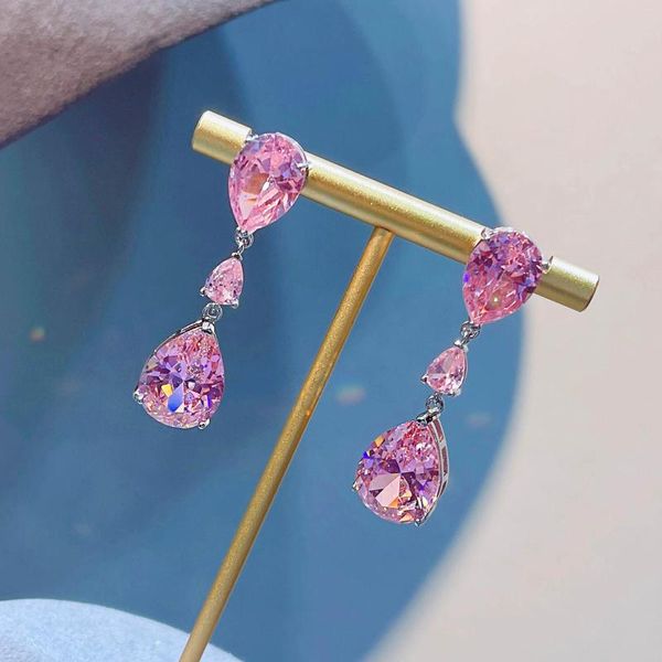 Orecchini pendenti Elegante ciondolo in cristallo rosa goccia d'acqua Moda semplice strass zircone Orecchino lungo da donna Gioielli per l'orecchio