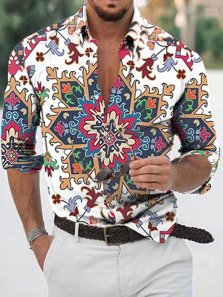 Freizeithemden für Herren, modisches Hemd für Herren, groß, mit aztekischem Ethno-Blumendruck, langärmlig, Vintage-Kleidung, Cardigan-Oberteil