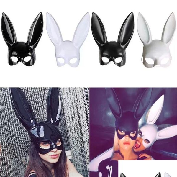 Partymasken Halloween Supplies Maskerade Dress Up Maske Lange Hasenohrmasken Niedlicher Hase Schwarz Weiß Oberes halbes Gesicht Ball Party Drop Dh5Rm