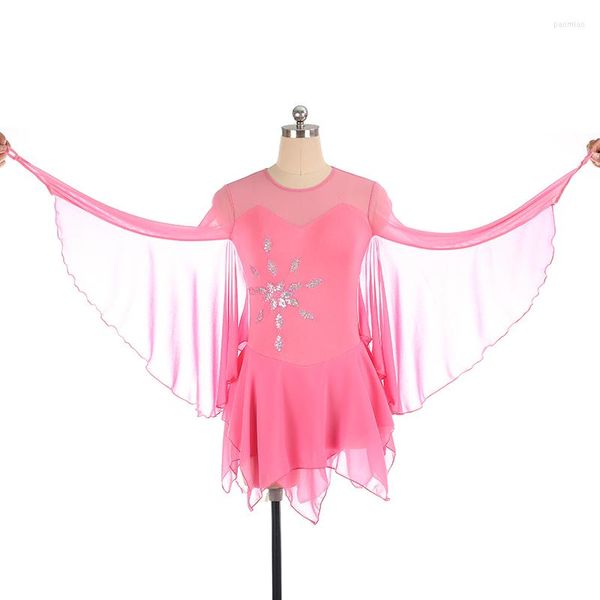 Vestido de patinação gelo rosa de menina picante com trajes de saia figura de manga de batwing para mulheres crianças personalizadas mangas de morcego longo