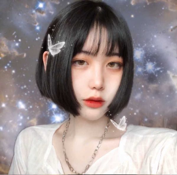 Haar Spitze Perücken Japan und Südkorea Perücke Weibliche Air Bangs Kurzes Glattes Haar Bobo ffy Gesicht Trimmen Chemische Faser kopf Set