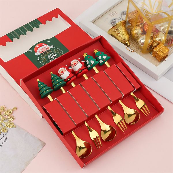 4pcs Noel Kaşık Çatal Setleri Paslanmaz Çelik Altın Kahve Kepçesi Familes için Sevimli Kolye Noel Hediyeleri