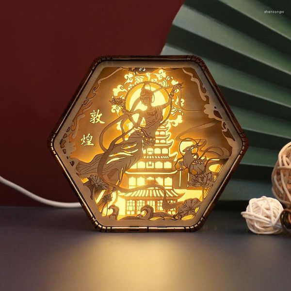 Tischlampen chinesische geschnitzte Holzlampe Dunhuang Great Wall Drama USB Powered Holz kreatives Handwerk Ornament Leuchten