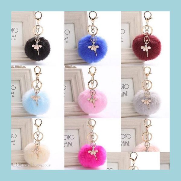 Keychains Bedanyards 8cm Mulheres pompom Plaguch Keyring pom Dancing Angel Keychains Fluffy Rex Rabbit Fur Ball Chain Bolsa Pingente Dhdcm