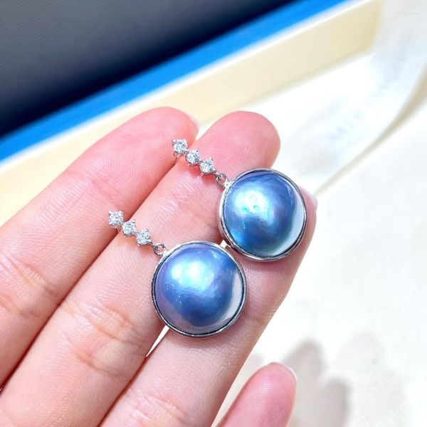 Orecchini Pendenti XX Perla Gioielleria Raffinata Argento Sterling 925 Rotondo 13-14mm Perle Mabe Blu Borchie Presenti