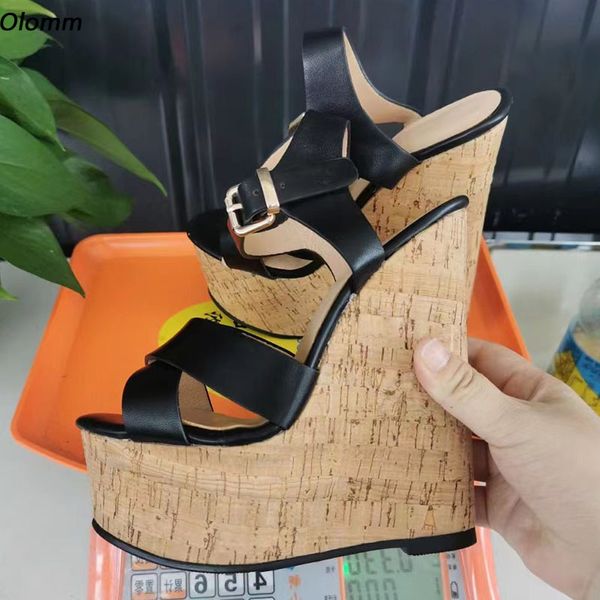 Olomm Foto Reali Sandali Estivi da Donna Cinturino con Fibbia Zeppe Tacchi Open Toe Eleganti Scarpe Casual Nere US Plus Size 5-20