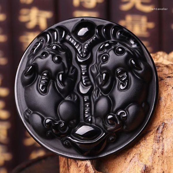 Anhänger Halsketten Wunderschöner natürlicher schwarzer Obsidian Chinesischer Segen Amulett Doppel PiXiu Glücksanhänger Perlen Halskette Feiner Charm-Schmuck