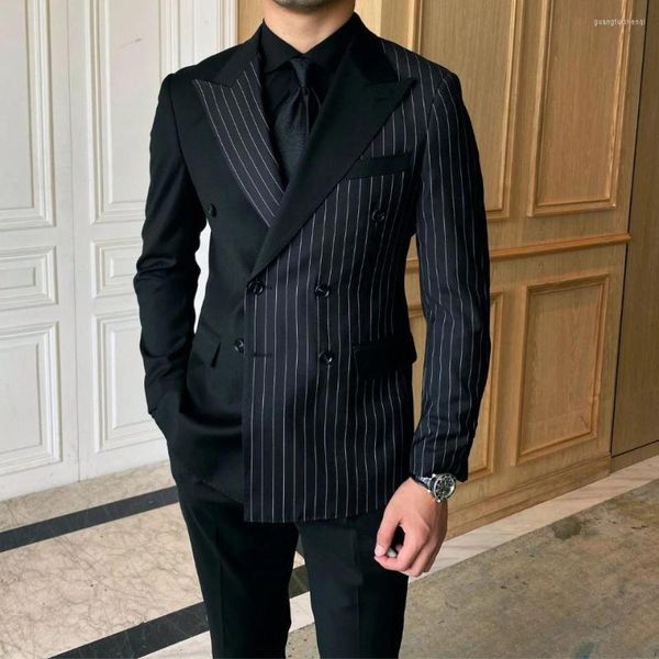 Abiti da uomo Arrivo Nero Stripe Patchwork Uomo Moda Smoking da sposa Terno Masculino Prom Sposo 2 pezzi Slim Fit Blazer Giacca Pantalone