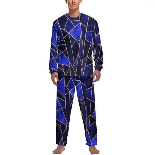 Indumenti da notte da uomo Pigiama geometrico blu Stampa linea oro Uomo maniche lunghe Set pigiama elegante 2 pezzi Abito da casa stampato primavera notte Idea regalo