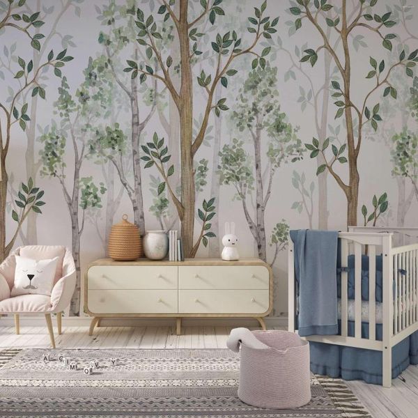 Wallpapers Birch Forest Aquarel Behang Tropisch Muurschildering Verwisselbare Fresh Style Non Woven