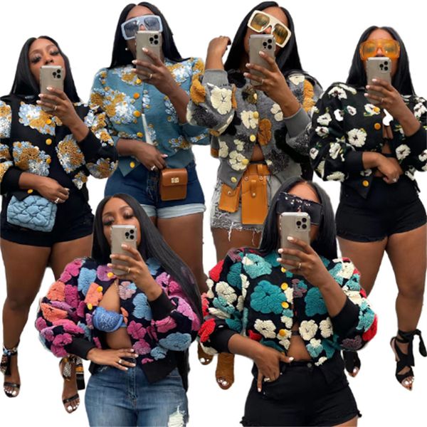 Frauen Wintermantel Blumen drucken kurze Jacke Baseball Uniform Designer Sweatshirts Großhandel Langarm Cardigan Modes Patchwork Tops K10627