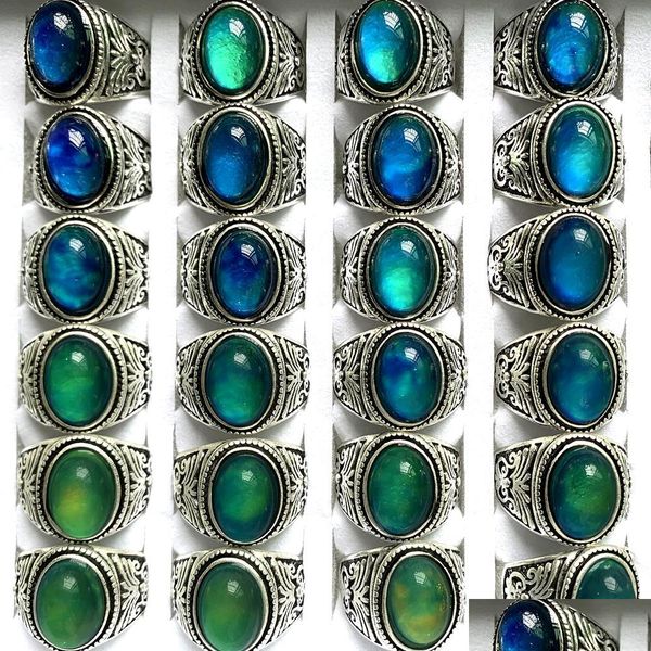 Cluster Ringe Großhandel BK Lots 36 stücke Elliptische Mode Retro Ringe Stimmung Farbwechsel Silber Legierung Männer Frauen Freunde Party Geschenke Jewe Dhj1K