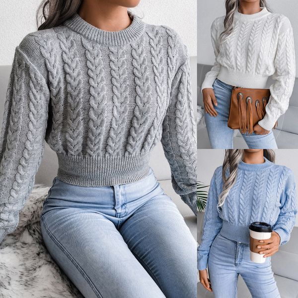 Maglione corto lavorato a maglia vintage 2022 Maglione pullover primavera inverno O collo Twist Top manica lunga casual da donna Pull Femme