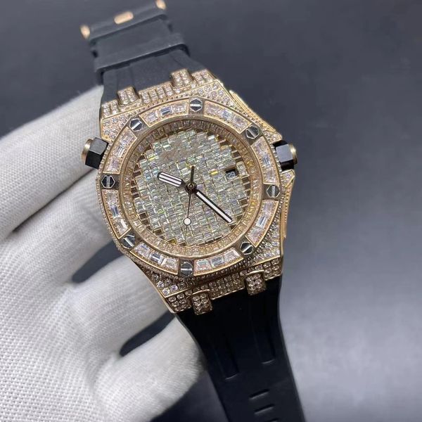 Orologio da uomo di moda in oro rosa di lusso orologio multifunzione con movimento automatico 42MM Cinturino in caucciù Ice Out prodotti personalizzati con diamanti pieni Regalo di Natale per le donne