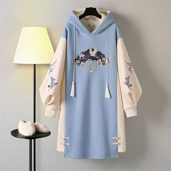 Женские толстовки толстовок зимнего китайского стиля платье для вышивки с длинным рукавом Hanfu сгустие Cheongsam Plus 4xl vestidos 221109