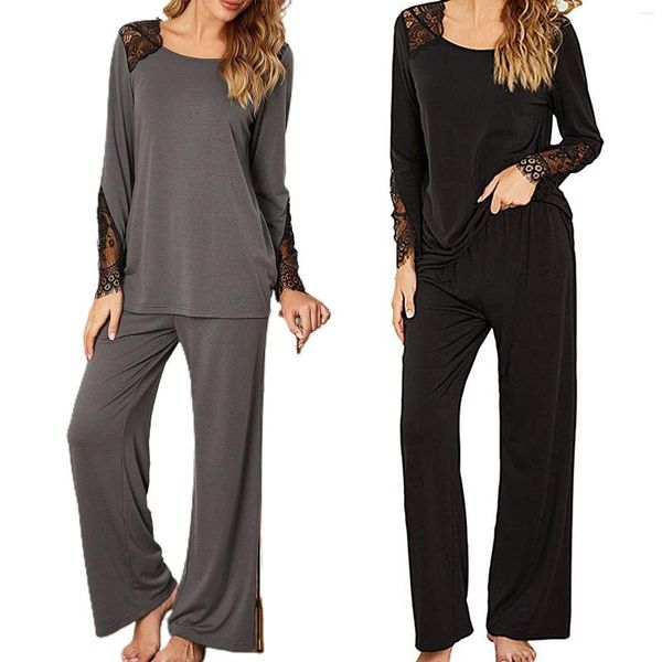 Calças de duas peças femininas 2pcs Comfort pijama define mulheres de manga comprida renda de retalhos de retalhos de top