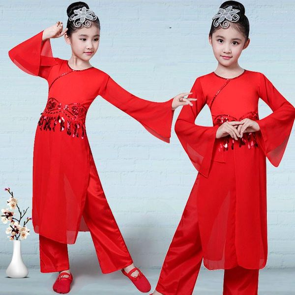 Abbigliamento da palcoscenico Costumi di danza classica per bambini Yangko Costume da ventaglio festivo rosso cinese per ragazze in stile