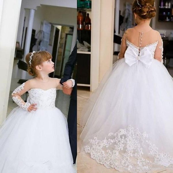 Mädchenkleider Weißes Elfenbein-Blumen-Girr-Kleid für Hochzeitsanlässe Lange Ärmel Spitze Perlen Schöne Kinderfestzug-Kleider Kinderkleidung