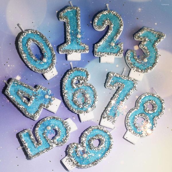 Forniture festive Paillettes d'argento Decorazioni di perle blu Festa dei bambini Baby Shower Compleanno Festa di nozze Cake Topper Candela da forno