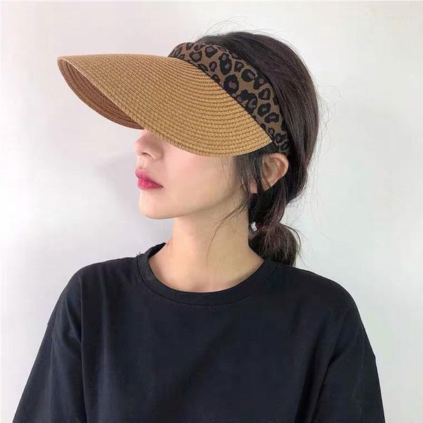 Visors Sun Hats for Women Leopard Visor Handmade Paper Straw Summer Sombra Casual Capéu de Top Top Top Frea Cabo Gorras Para Mujer