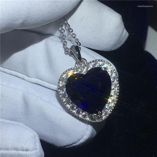 Colares de pendentes realmente colar de prata tibetano Big 6Ct Heart of the Ocean Blue Sapphire Wedding for Women Jewelry Gift