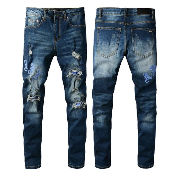 22ss Jeans strappati da uomo di moda Abbigliamento Pantaloni firmati Jeans da uomo hip-hop con foro da motociclista dritto in denim blu chiaro da uomo