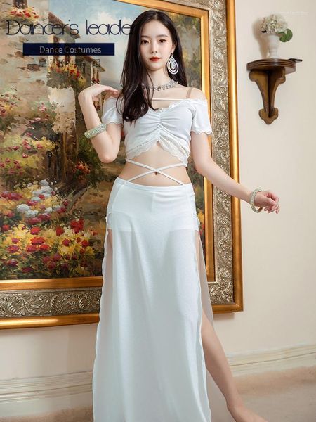Bühnenkleidung Bauchtanz-Übungskleidung Weiße Bluse mit V-Ausschnitt Split Langer Rock Frau Erwachsene Elegantes orientalisches Performance-Kostüm