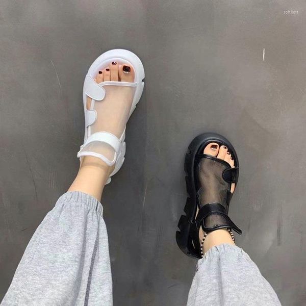 Sandalen Frauen 2022 Sommer Mode Dickem Boden Atmungsaktive Eugene Garn Mesh Magie Paste Römischen Haken Schleife